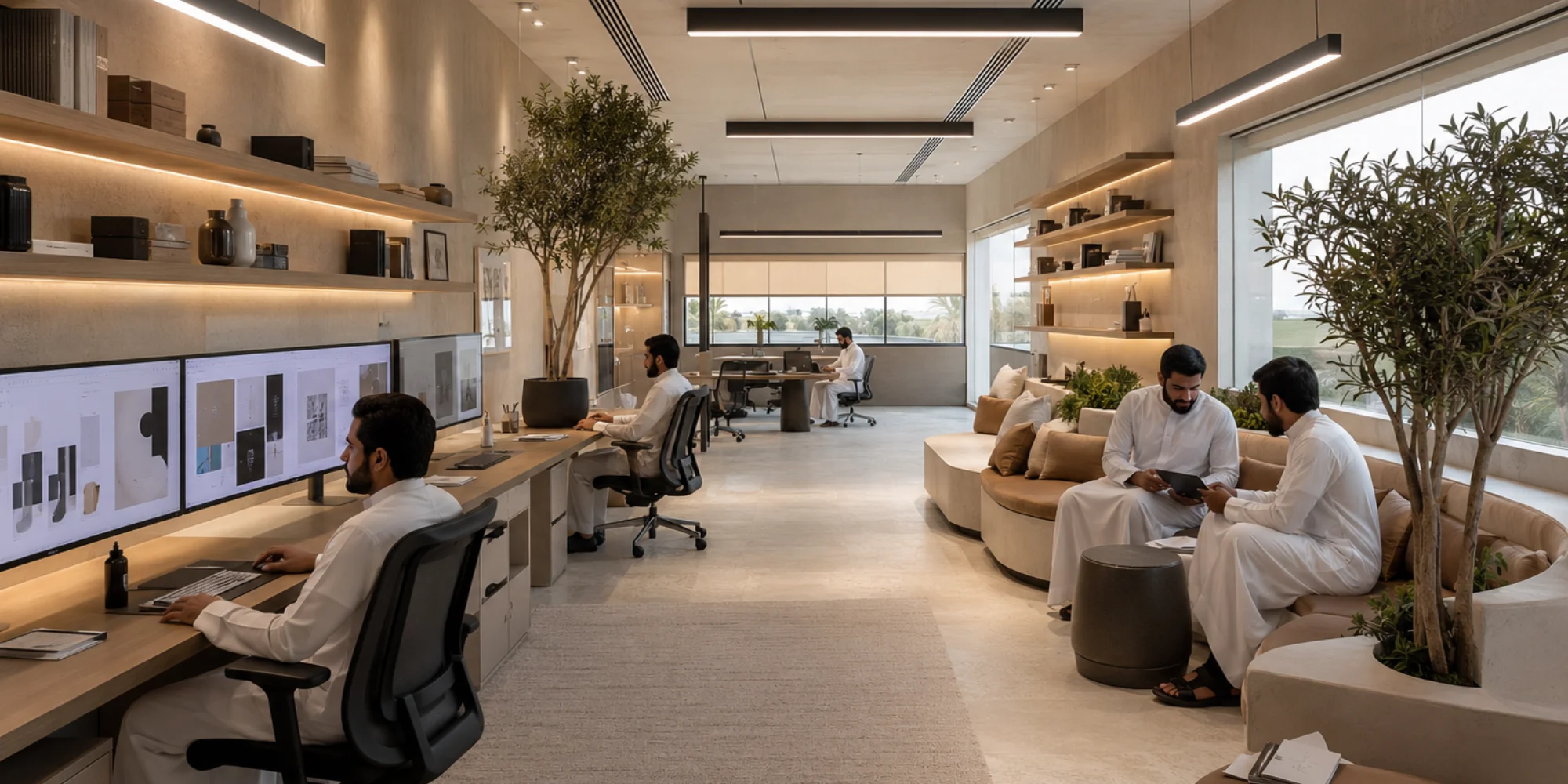 Minimalist graphic design think tank in Khobar  with Arab male creatives designing modern branding campaigns