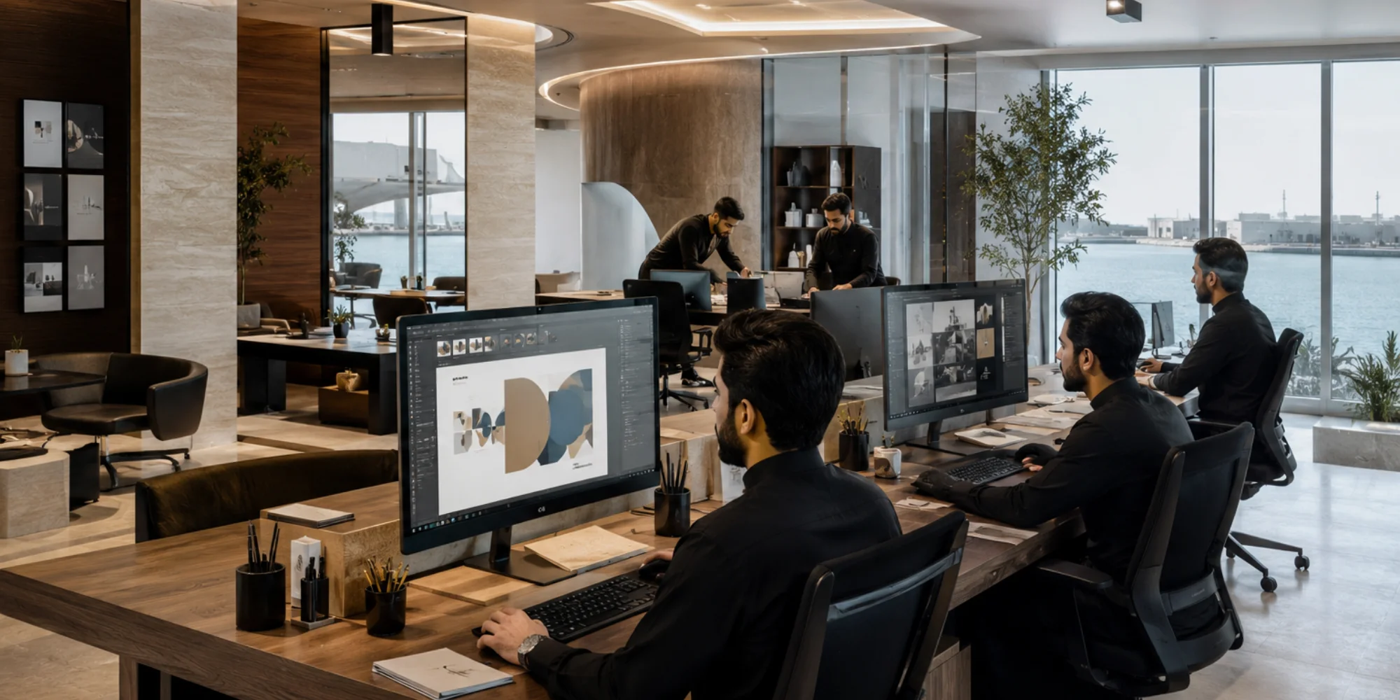 Modern graphic design studio in Khobar with Arab male designers creating branding and digital advertising concepts