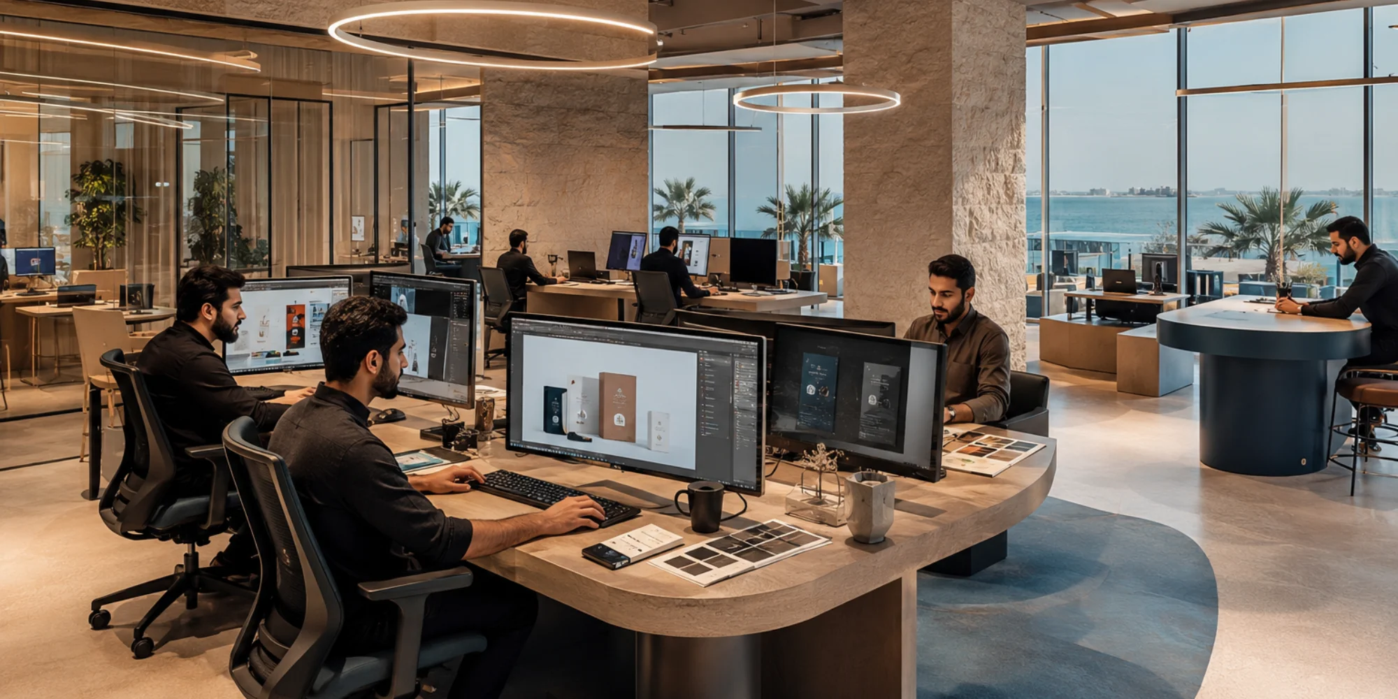 Luxury graphic design creative hub in Khobar with Arab male branding specialists working on digital campaigns