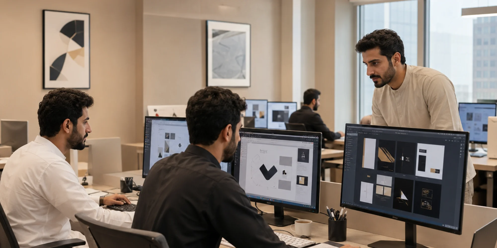 Modern graphic design workspace in Mecca with Arab male designers creating branding and digital media concepts in a professional studio