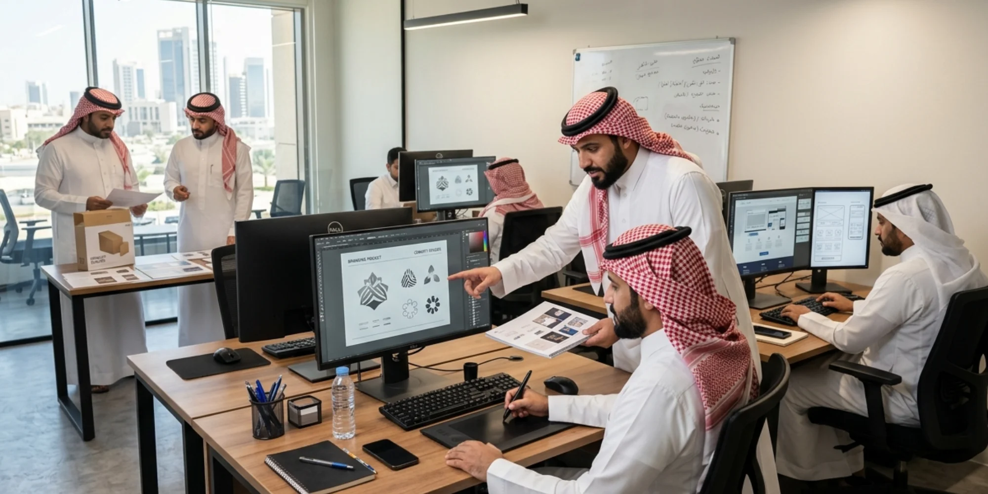 Arab male graphic designers working in a realistic modern graphic design office in Khobar with branding and digital creative projects.