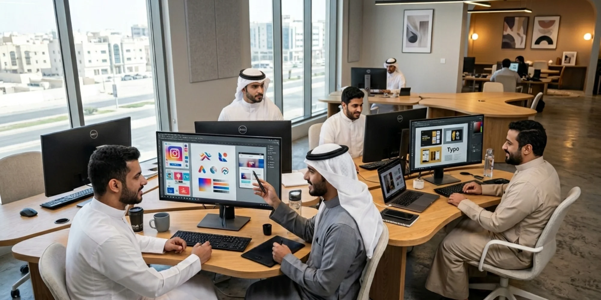 Arab male graphic designers working in a realistic modern graphic design workspace in Khobar with branding, UI/UX, and digital marketing projects on computer screens.
