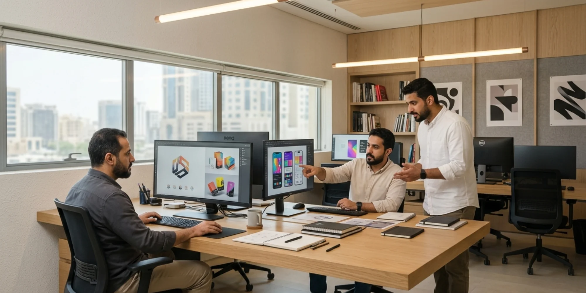 Arab male graphic designers collaborating in a realistic minimalist graphic design office in Mecca with branding, UI/UX, and digital media projects displayed on monitors.