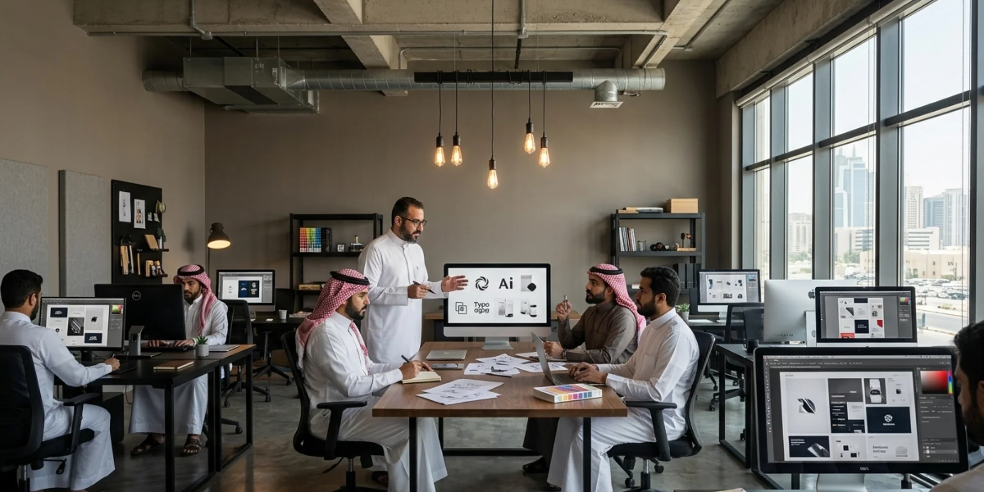 Arab male graphic designers working in a realistic modern graphic design office in Khobar with branding and digital creative projects.