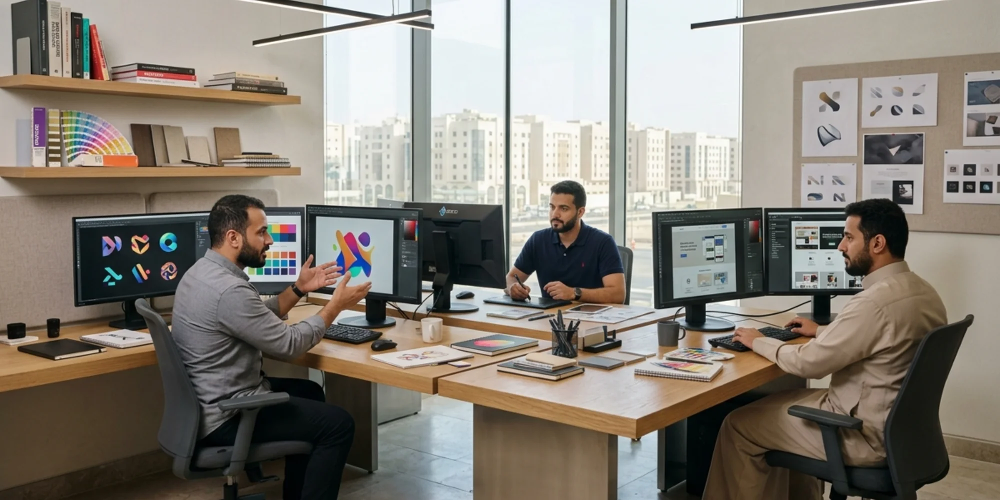 Arab male graphic designers collaborating in a realistic creative graphic design office in Medina with branding and digital media projects displayed on monitors.