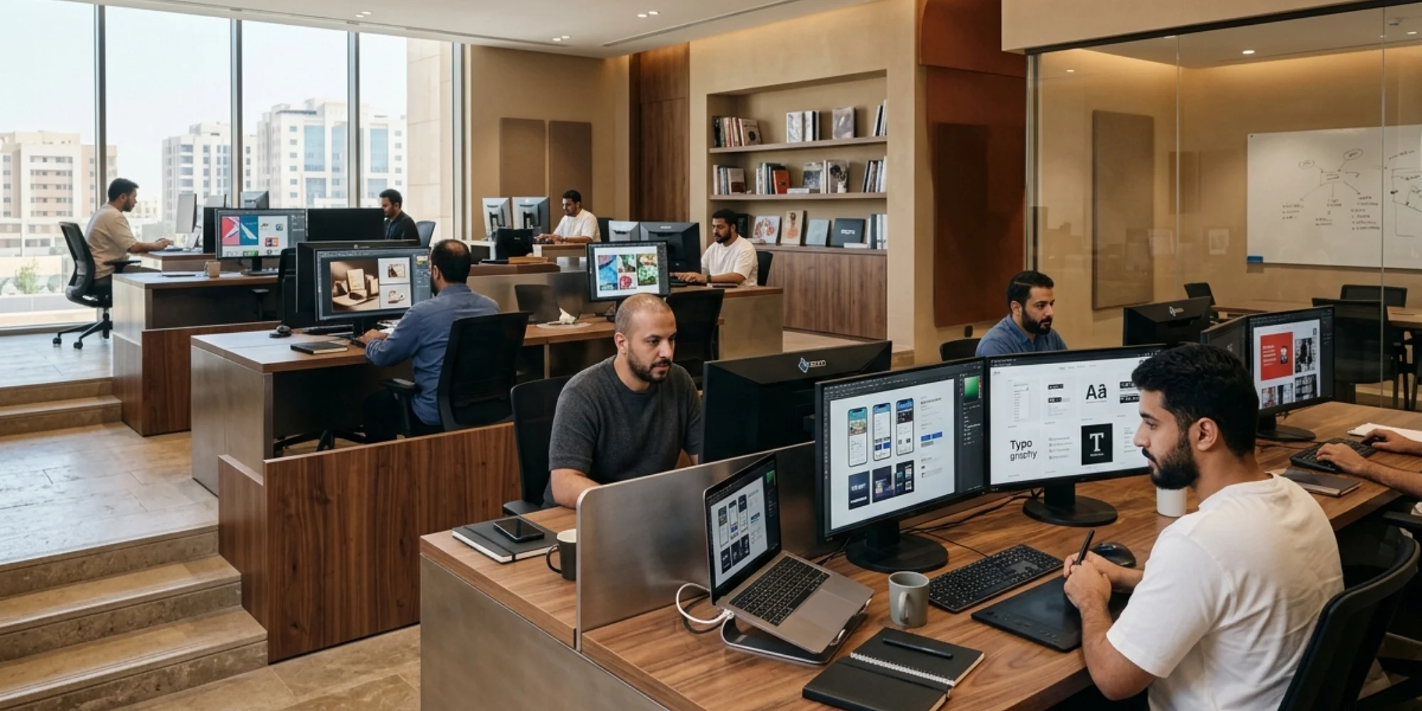 Arab male graphic designers working in a realistic professional digital design studio in Medina with branding and advertising projects displayed on computer screens.