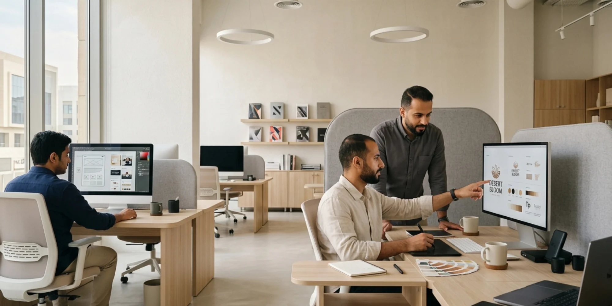 Arab male graphic designers working in a realistic Scandinavian-style graphic design workspace in Medina with branding and digital creative projects on screens.