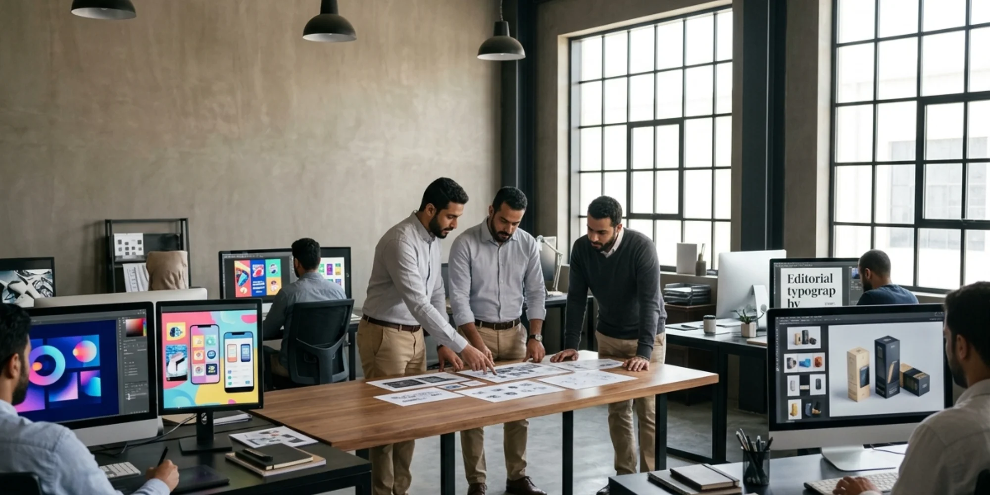 Arab male graphic designers working in a realistic industrial-modern graphic design office in Jubail with branding and advertising projects on computer screens.