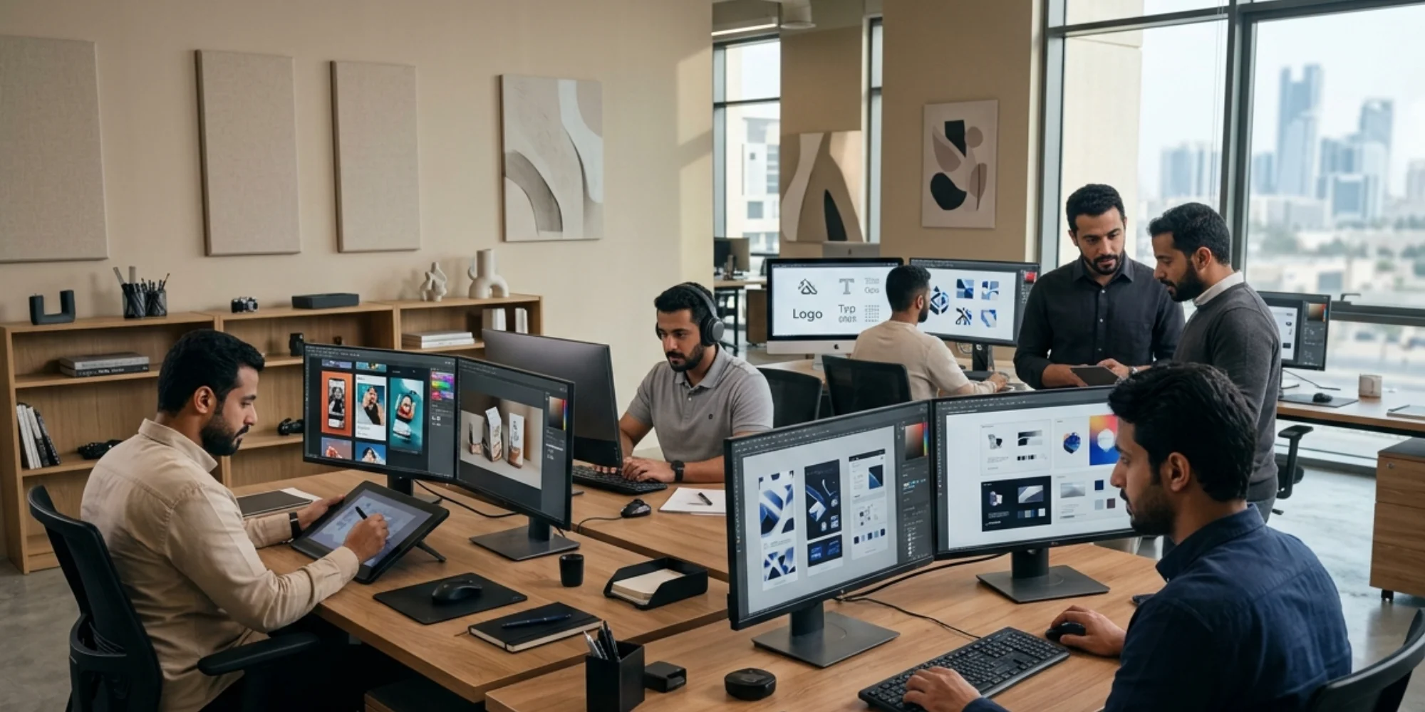 Arab male graphic designers working in a realistic modern graphic design studio in Jubail with branding and digital marketing projects on screens.