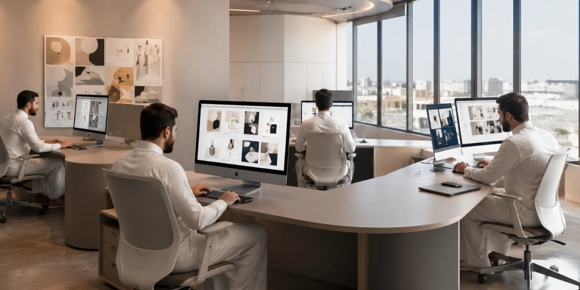 Arab male graphic designers working in a realistic minimalist graphic design office in Jubail with branding and social media design projects on screens.