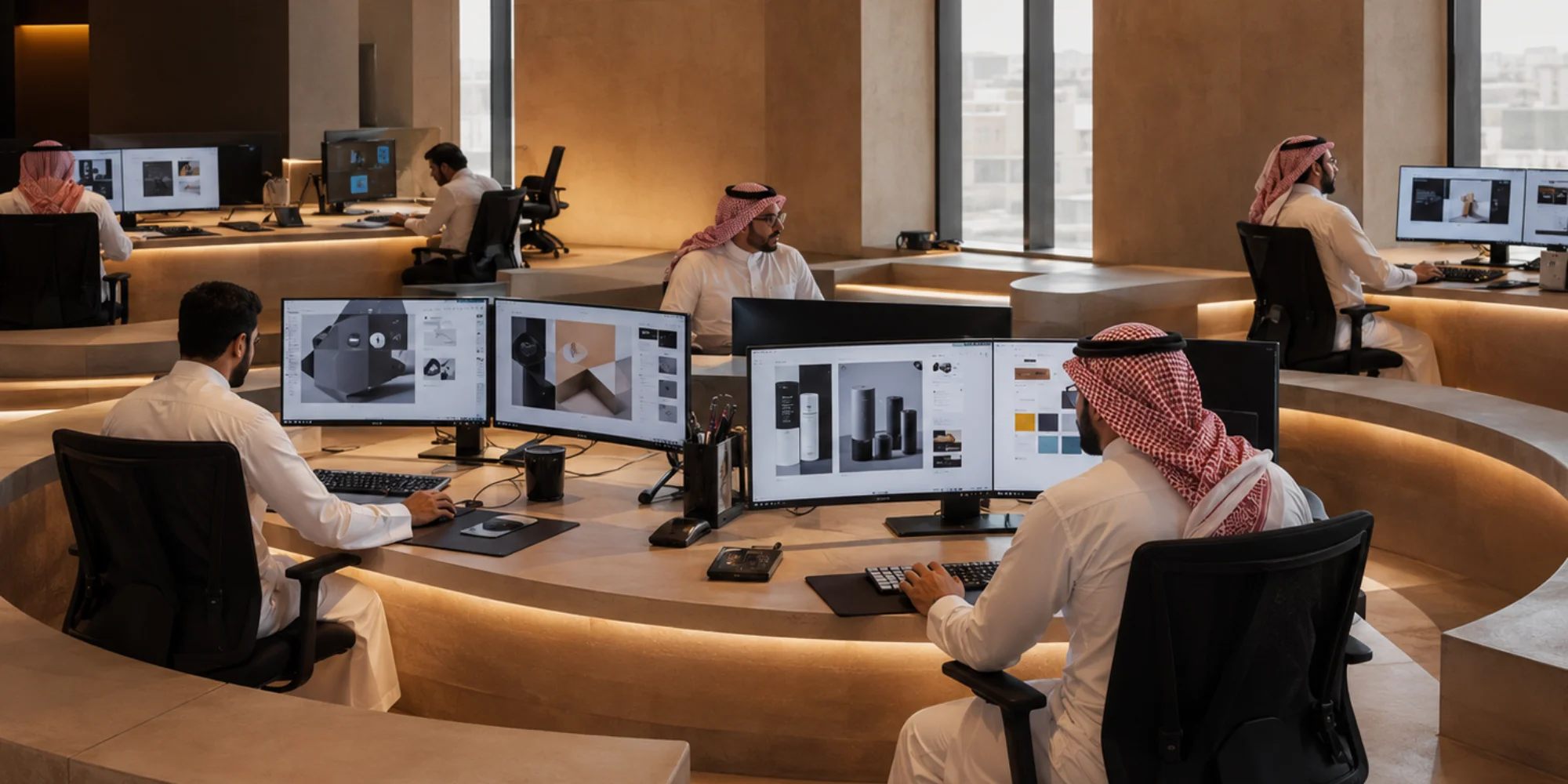 Arab male graphic designers collaborating in a realistic waterfront-inspired graphic design studio in Yanbu with branding and digital marketing projects on monitors.