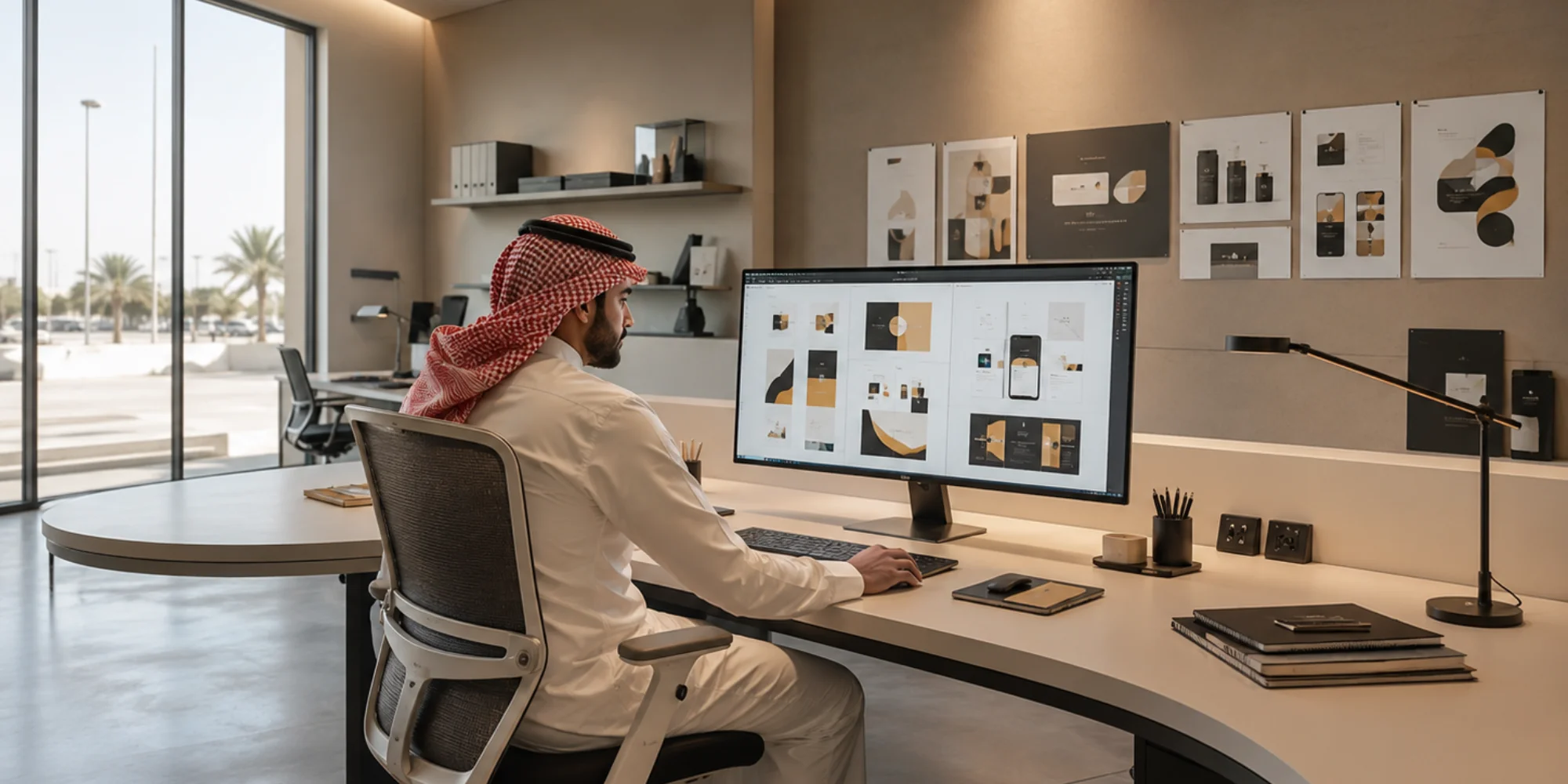 Single Arab male graphic designer working in a realistic minimalist graphic design studio in Yanbu with branding and UI/UX projects on screen.