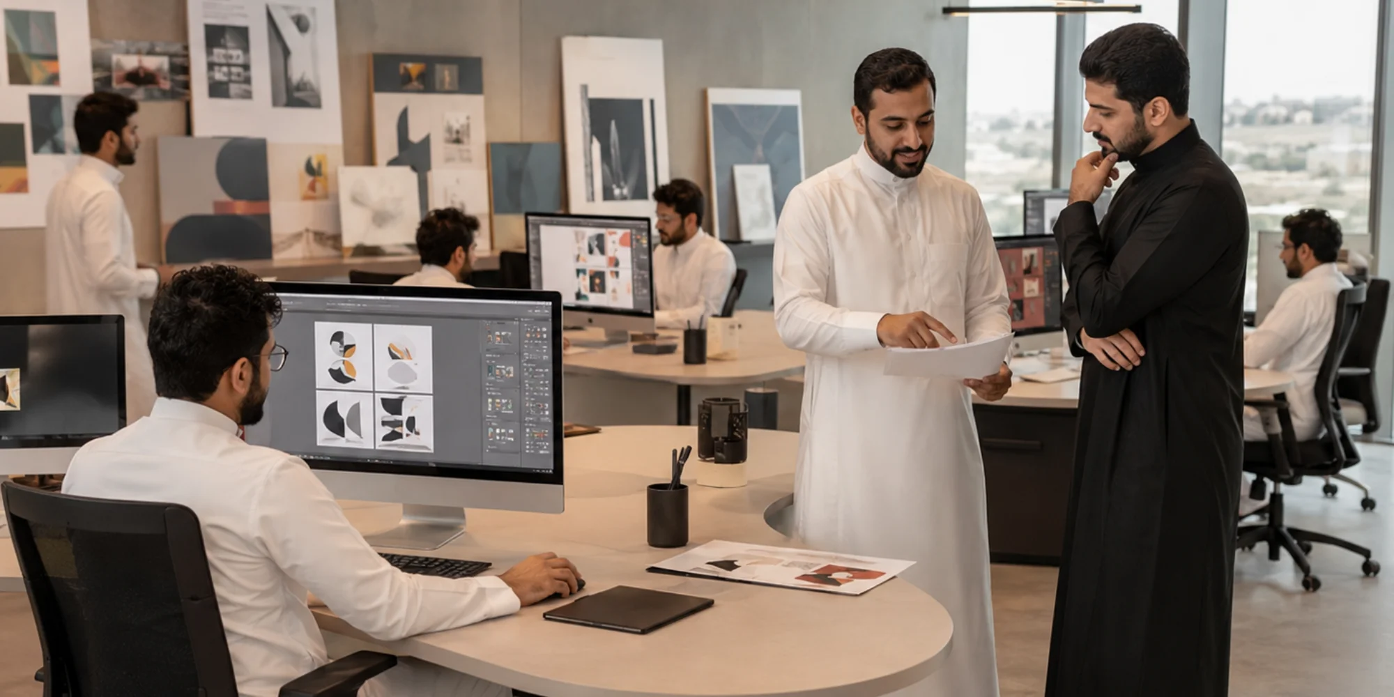 Arab male graphic design team collaborating in a realistic modern creative office in Abha with branding and digital marketing projects on screens.