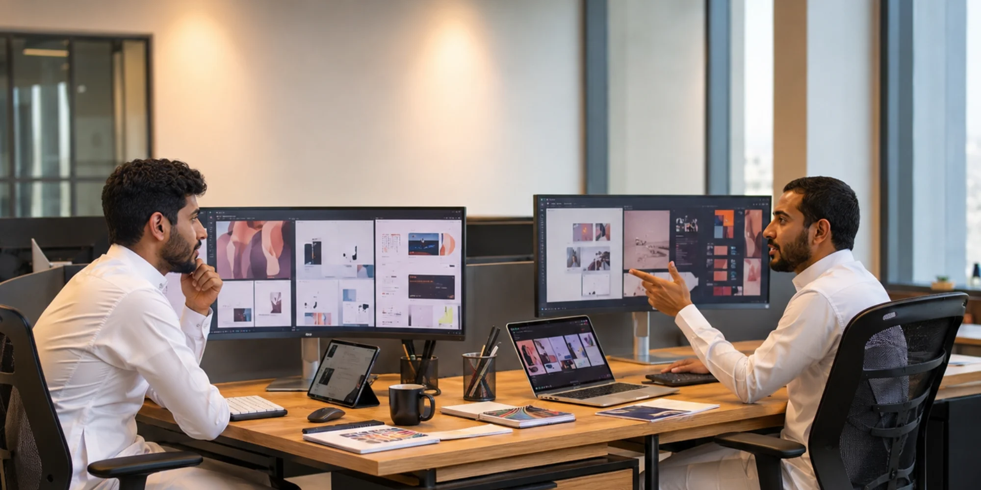 Two Arab male graphic designers collaborating in a realistic modern office in Abha with branding and digital design projects on screens.