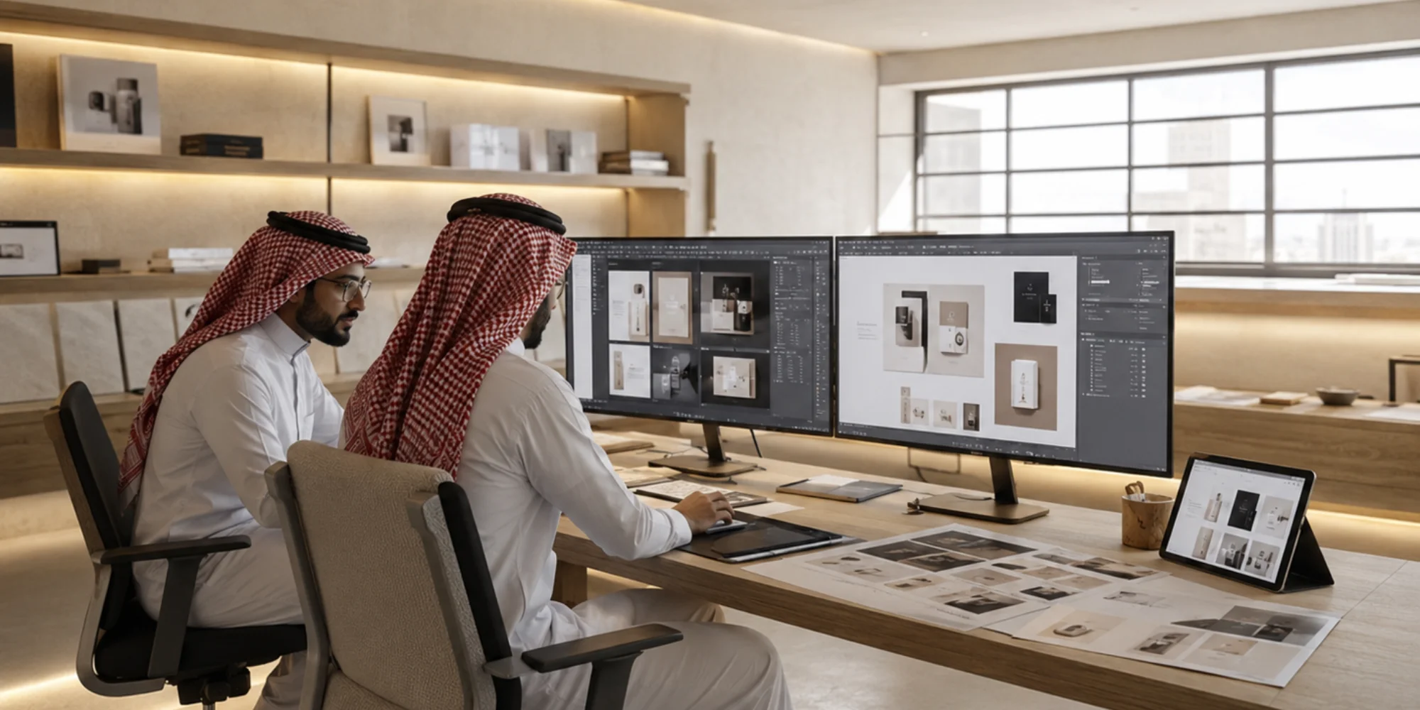 Two Arab male graphic designers collaborating in a realistic Japanese-inspired minimalist studio in Abha with branding and digital creative projects on screens.