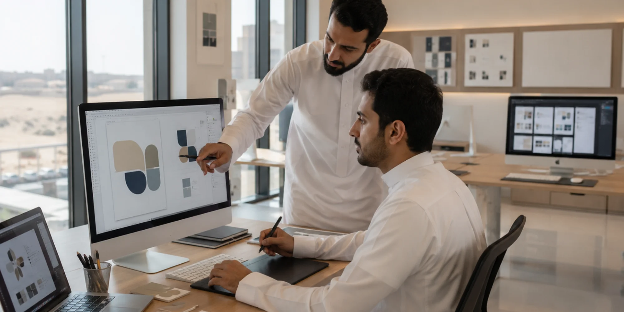 Two Arab male graphic designers collaborating in a bright modern studio in Tabuk with branding and UI/UX projects on screens.