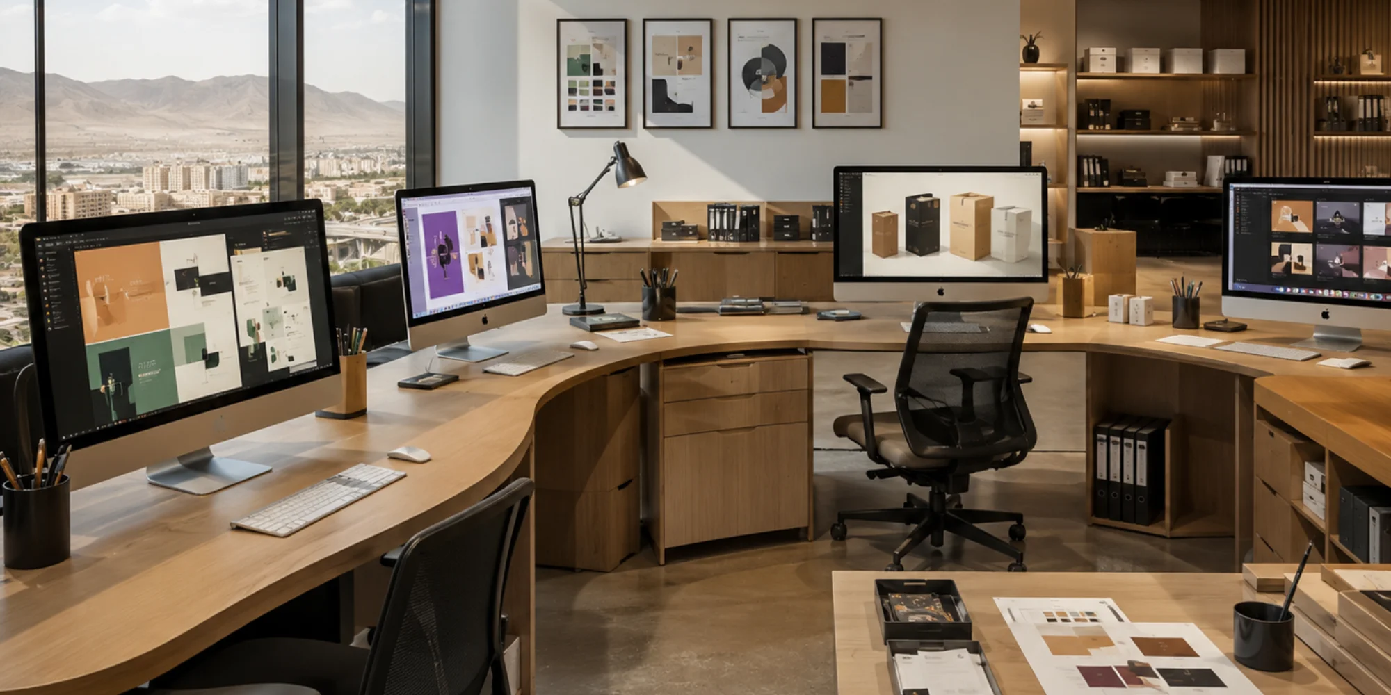 Modern graphic design workspace in Tabuk with branding and UI/UX projects displayed on computer screens inside a clean office.