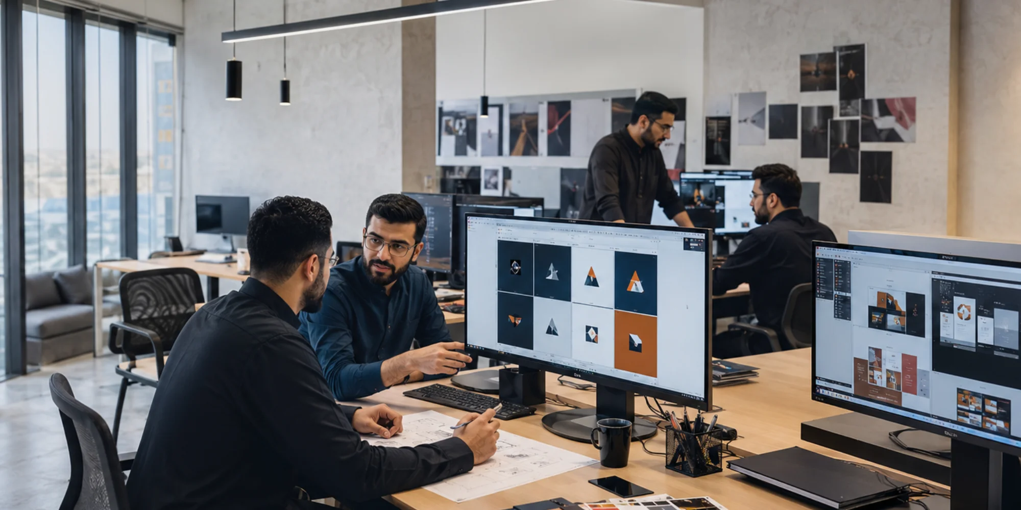 Arab male graphic design team collaborating in a realistic modern agency office in Tabuk with branding and digital marketing projects on screens.