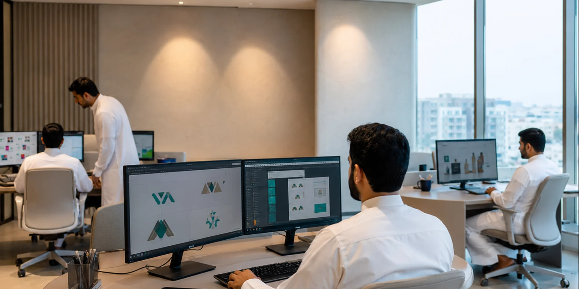 Arab male graphic design team collaborating in a modern office in Tabuk with branding and UI/UX projects on screens.