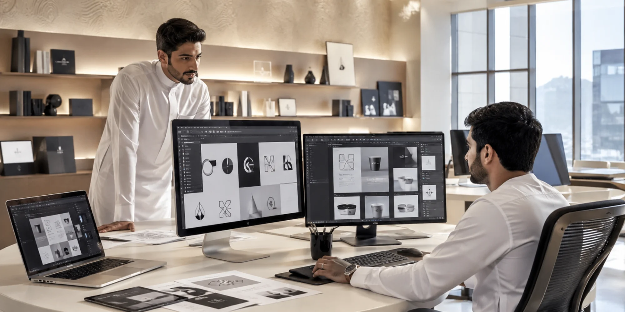Two Arab male graphic designers collaborating in a realistic artistic workspace in Abha with branding and digital creative projects on screens.