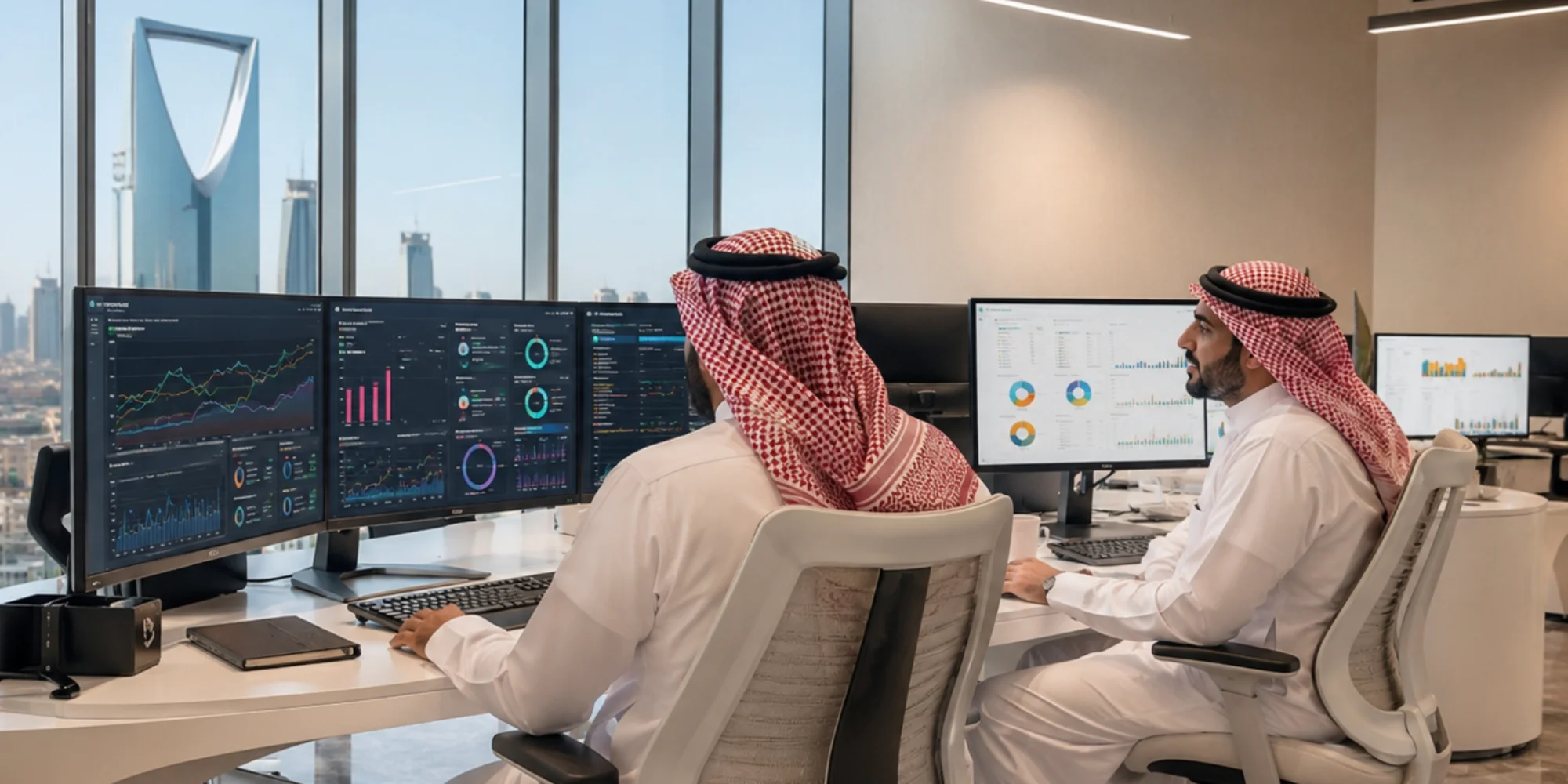 Arab male digital marketing analysts reviewing analytics dashboards in a modern Riyadh office