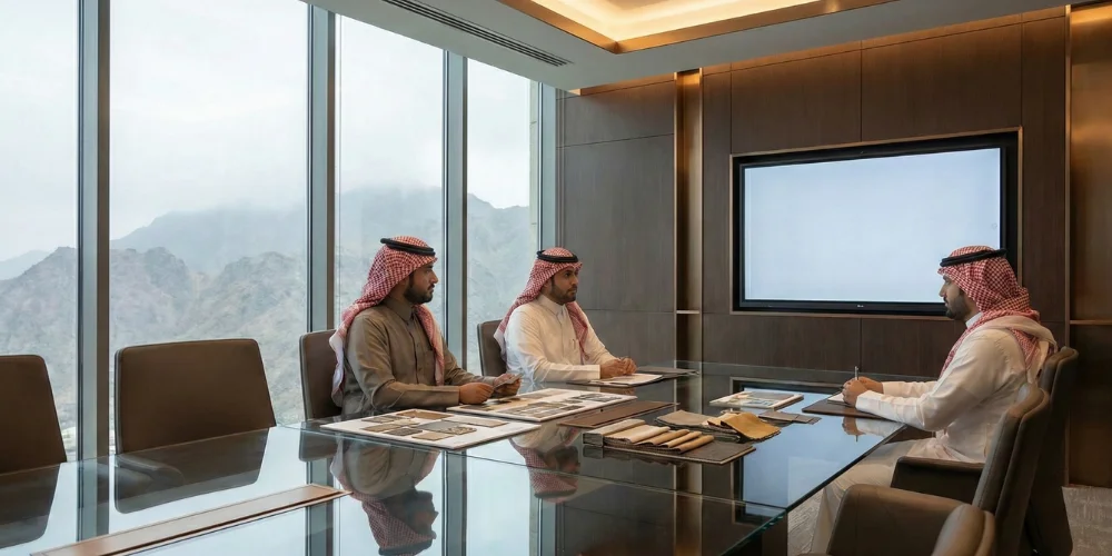 Saudi executives evaluating branding proposals in Abha office
