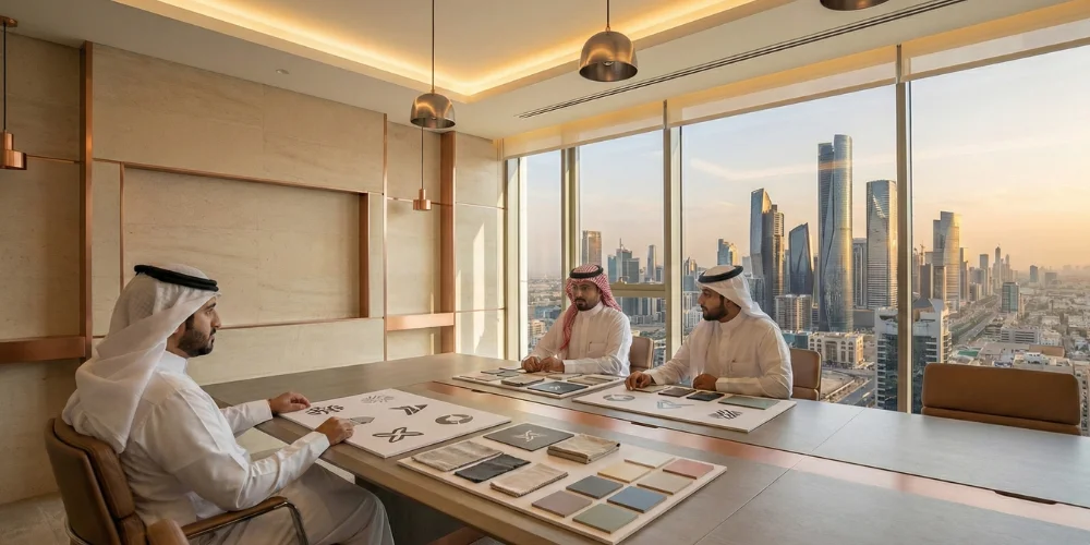 Saudi business executives discussing brand strategy in Abha office