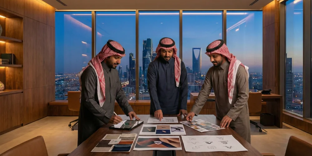 Saudi business professionals creating brand strategy in Abha office