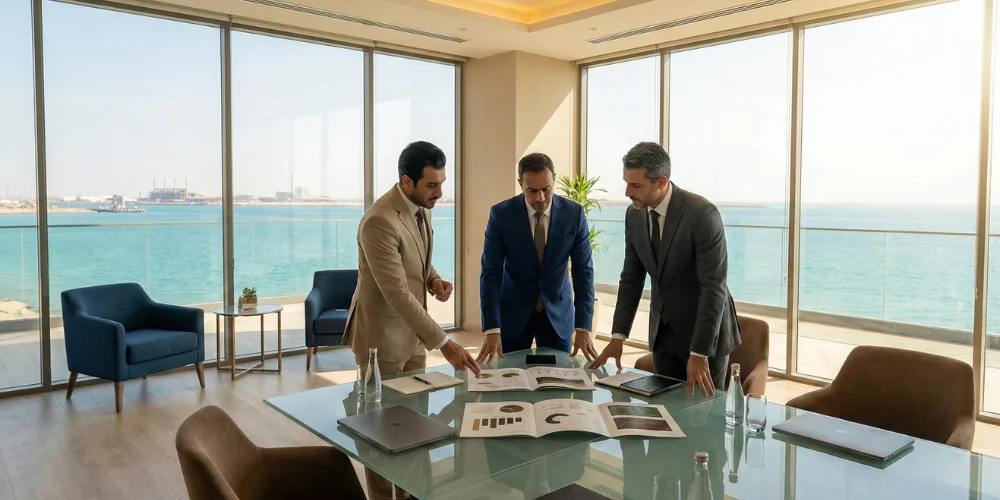 Business executives evaluating digital marketing analytics provider in Yanbu meeting room