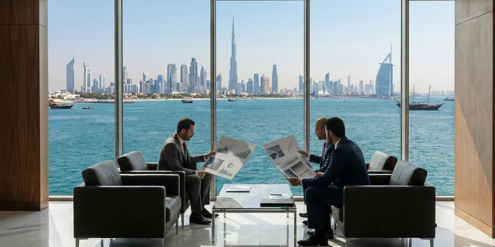 business leaders in Jeddah reviewing brand strategy proposals in a high-end office setting