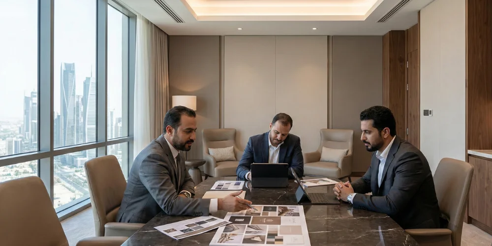 corporate team in Riyadh reviewing branding proposals and strategy documents in a luxury office