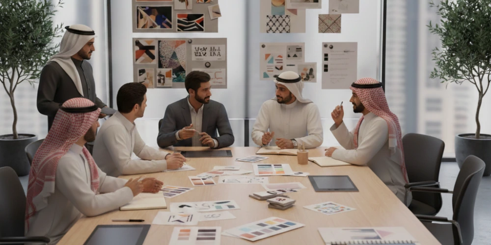 Saudi business team reviewing brand identity design with branding agency