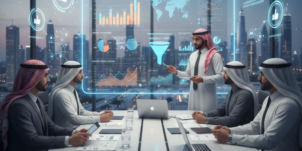 Saudi business team evaluating digital marketing agency performance
