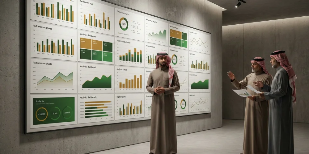 Male business executives reviewing digital marketing analytics reports in a luxury Khobar corporate office