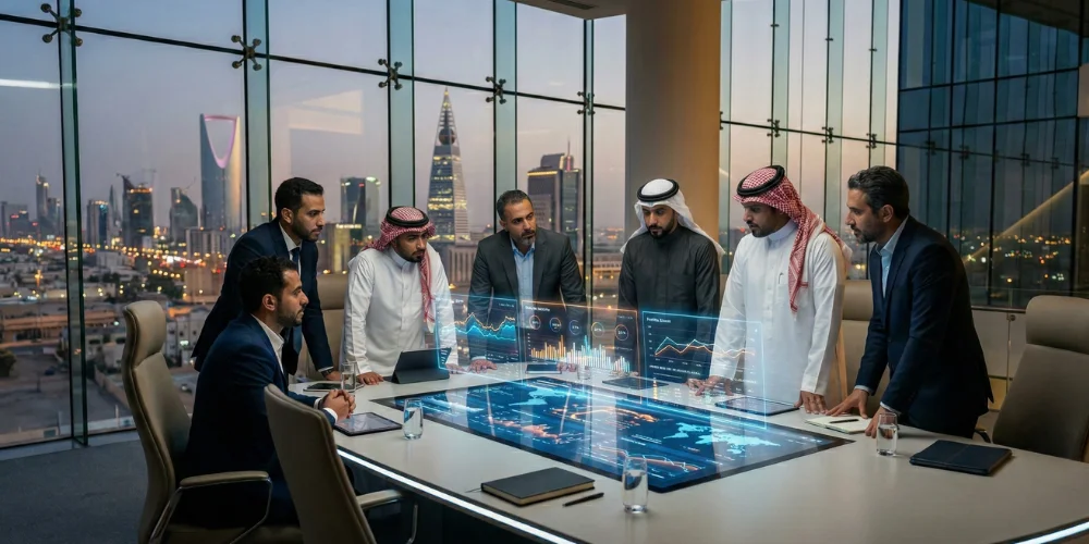 Executive team in Saudi Arabia reviewing enterprise SEO performance metrics across multiple large digital dashboards