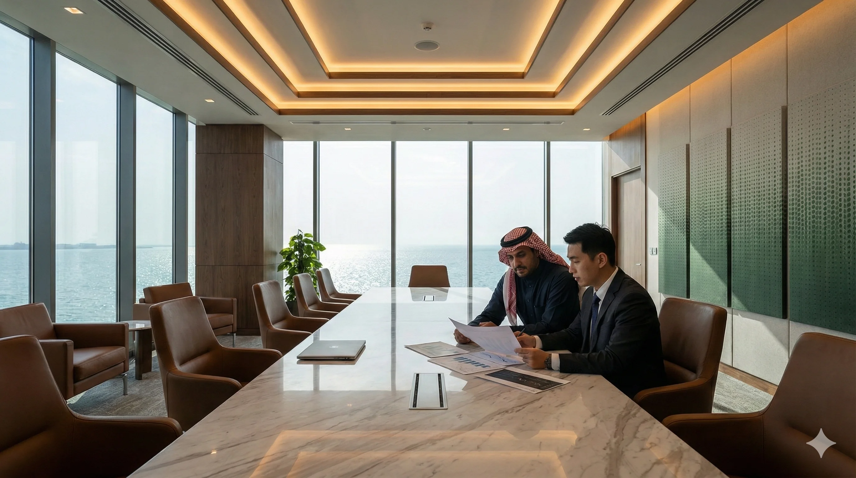 Business professionals evaluating digital marketing analytics reports in a modern Dammam corporate office
