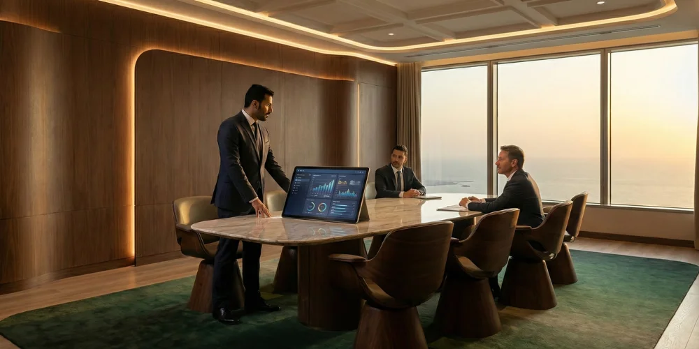 Digital marketing analytics experts reviewing performance reports in a professional Jeddah corporate office