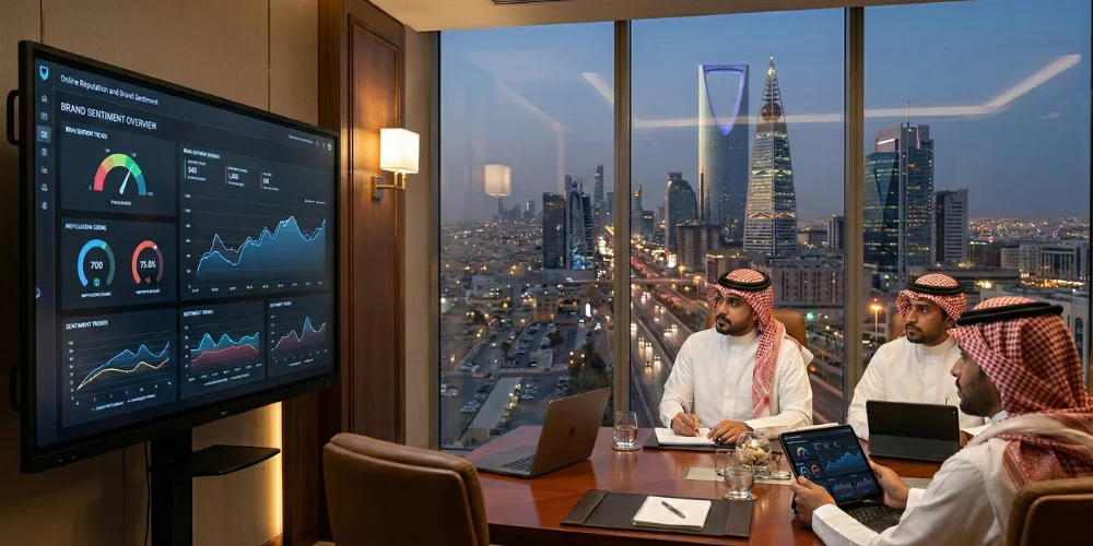 Saudi business executives reviewing online reputation analytics and brand sentiment reports in modern office