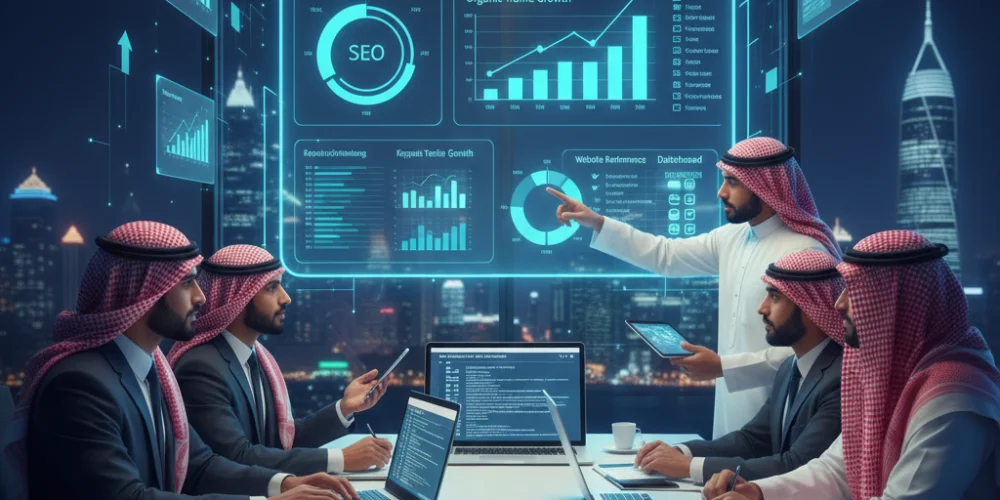 business team analyzing SEO performance reports in Dammam office
