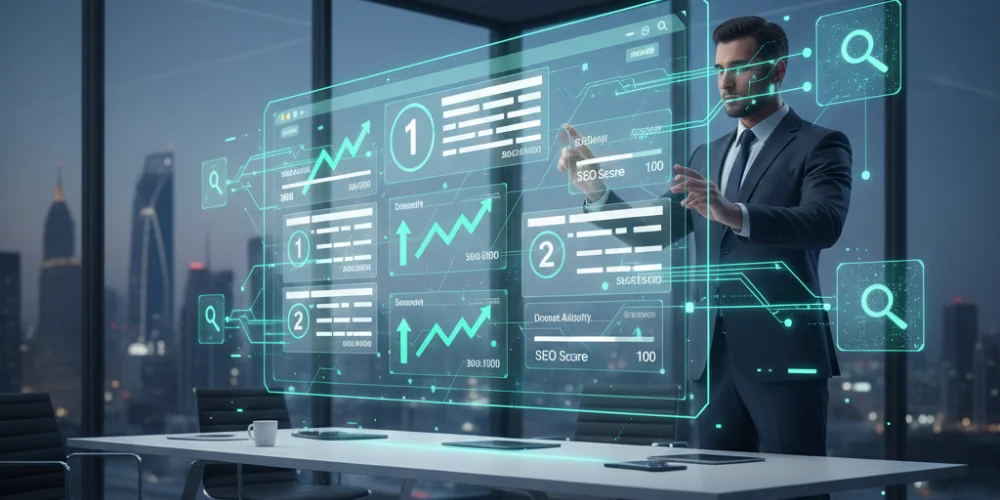 business professionals analyzing SEO performance and selecting SEO company