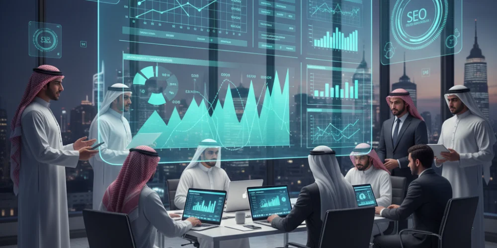 business team selecting best SEO company in Tabuk using analytics