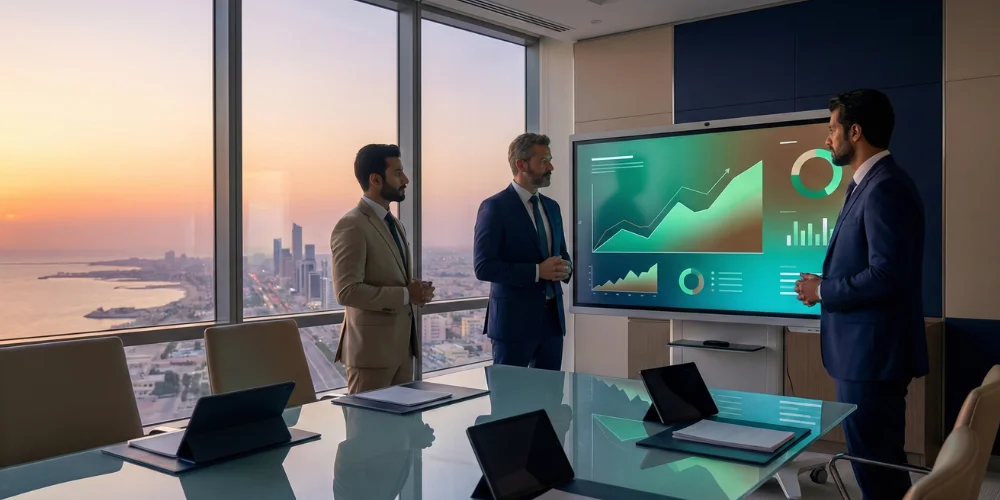 Male executives analyzing social media growth strategy in Khobar office setting