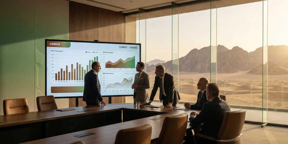Tabuk business leaders reviewing digital marketing ROI analytics dashboard