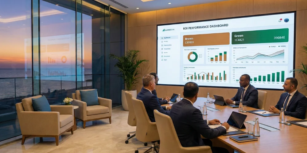 Yanbu business team analyzing marketing ROI dashboard on digital screen