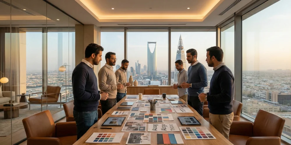business professionals in Riyadh reviewing brand strategy documents in a modern conference room