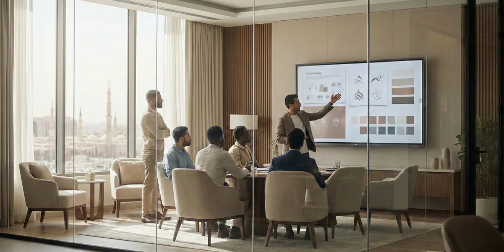 Brand consultants in Medina presenting brand strategy and identity concepts in a professional meeting room