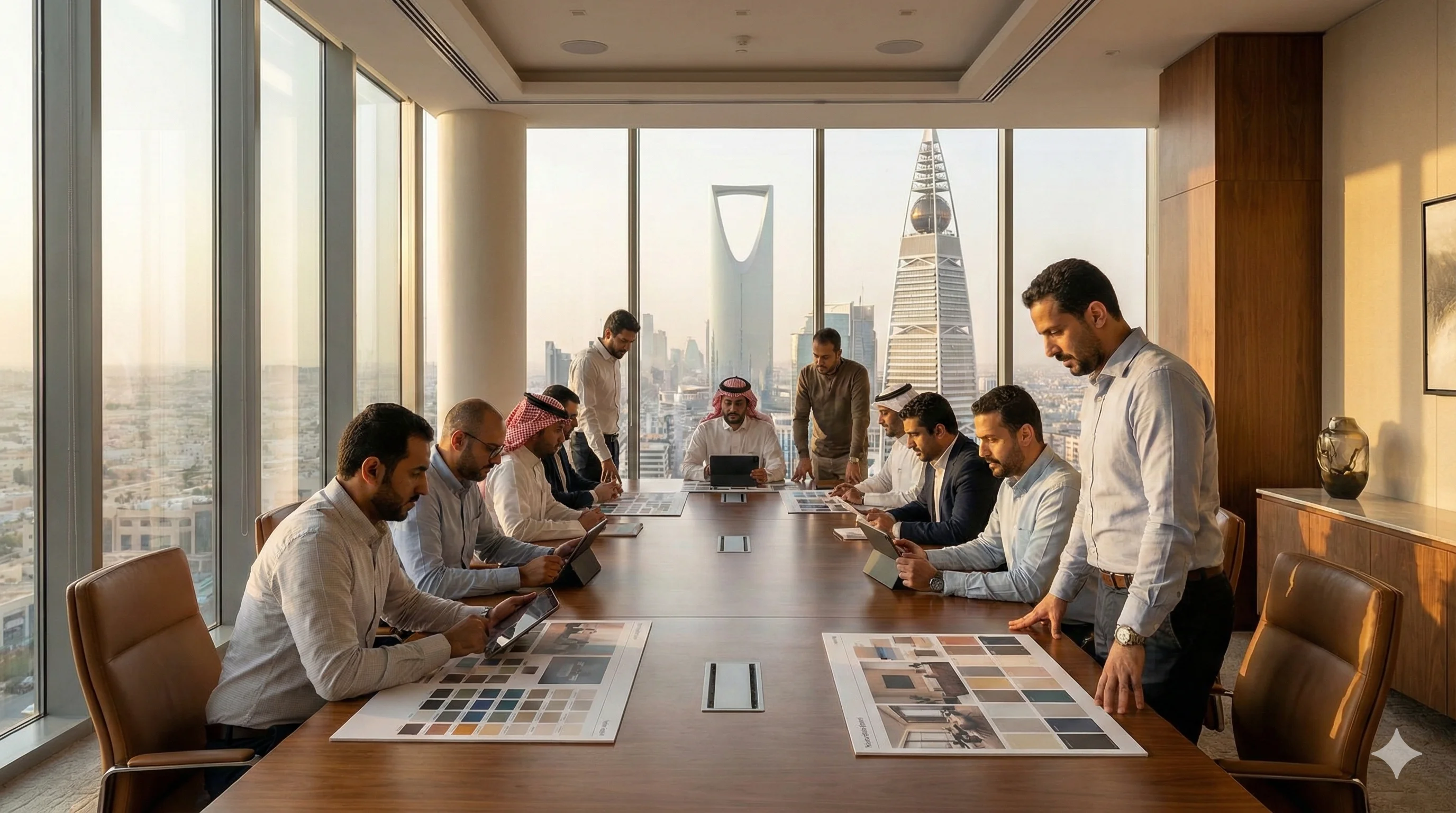 creative team in Riyadh discussing brand strategy and visual identity in a modern office