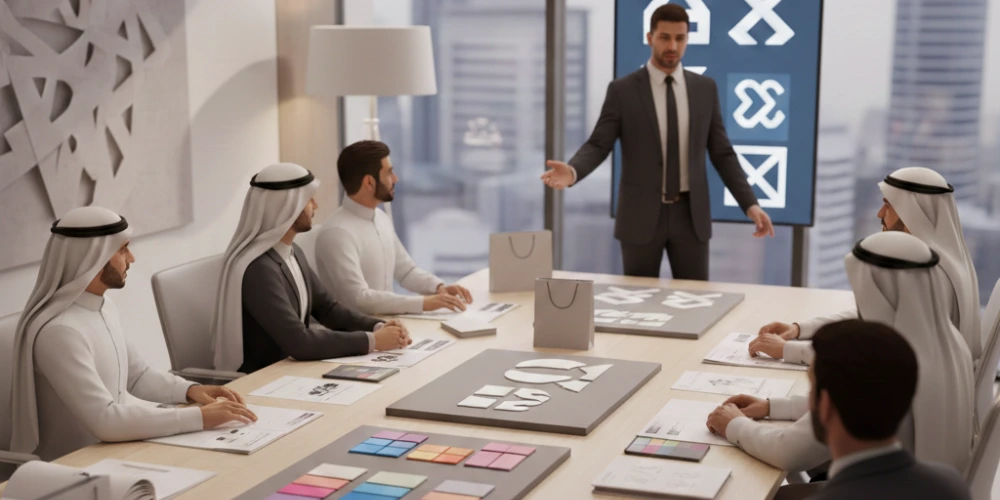 Saudi business team selecting branding agency and reviewing brand strategy