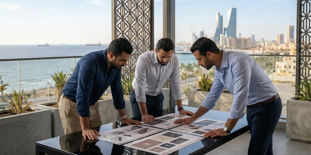 business executives reviewing brand concept boards on a rooftop in Jeddah with Red Sea skyline at twilight