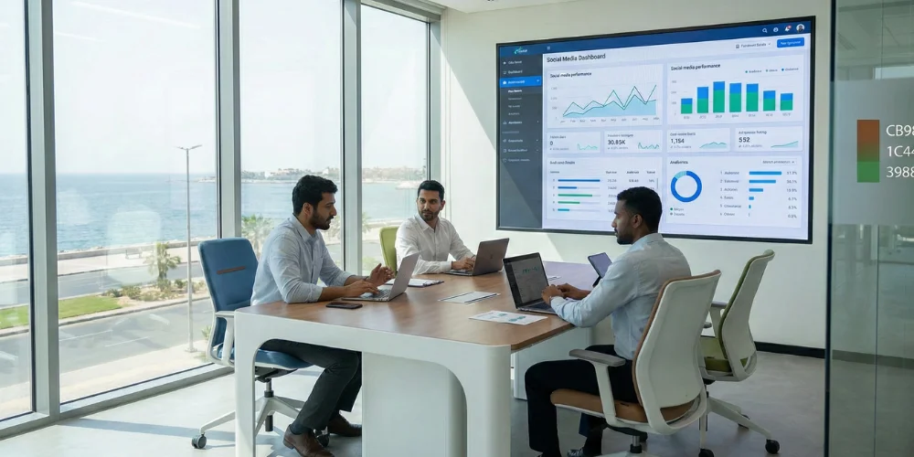 Jeddah marketing team analyzing social media growth performance dashboard